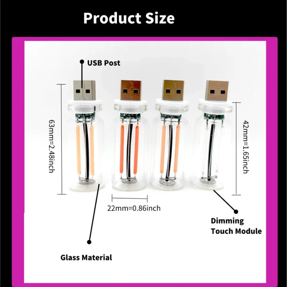 Car USB Night Light Touch Dimmable LED Filament Lamp Portable Lighting Plug and Play Decorative Atmosphere Light for Car Bedroom - TechSmartX