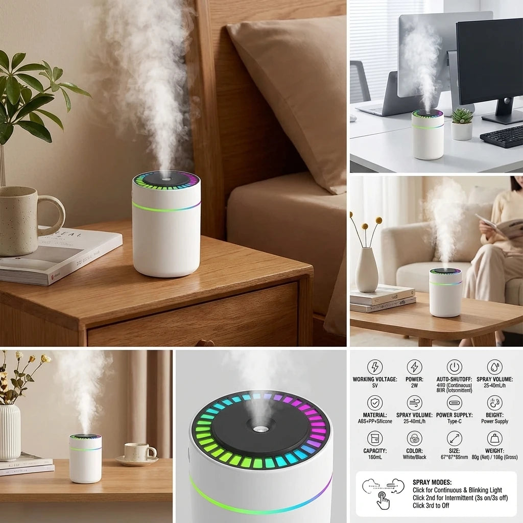 180ML Mini Air Humidifier USB Electric Aroma Diffuser Essential Oil Purifier Aromatherapy Mist Maker Lights For Car Home Bedroom - TechSmartX