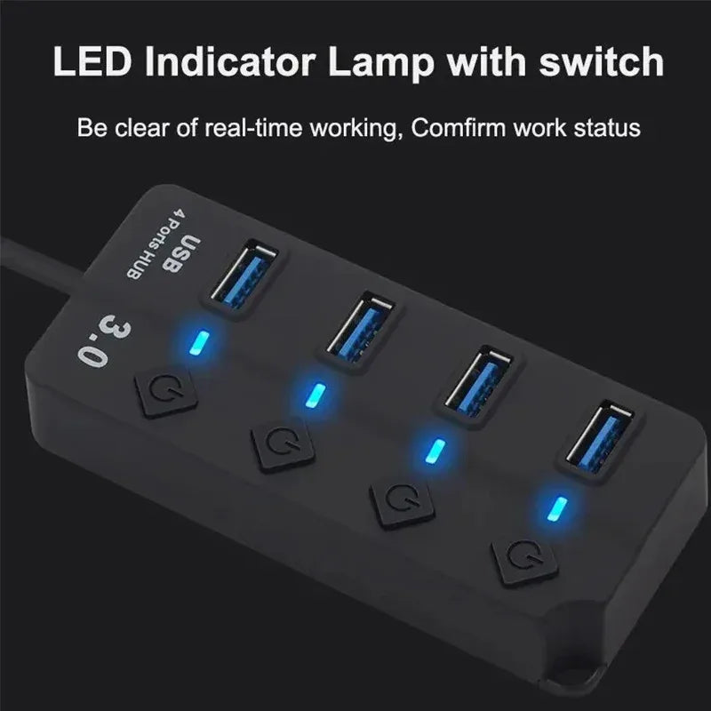 USB3.0 HUB 4in1 7in1USB Splitter 2.0 USB Adapter Multi-Port Independent Power Switch Extender 30CM Cable - TechSmartX