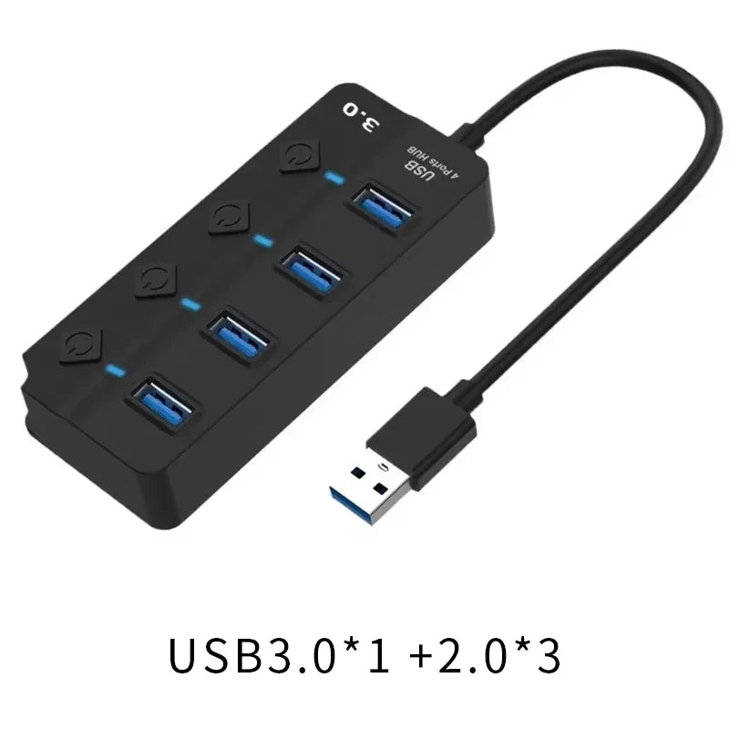 USB3.0 HUB 4in1 7in1USB Splitter 2.0 USB Adapter Multi-Port Independent Power Switch Extender 30CM Cable - TechSmartX
