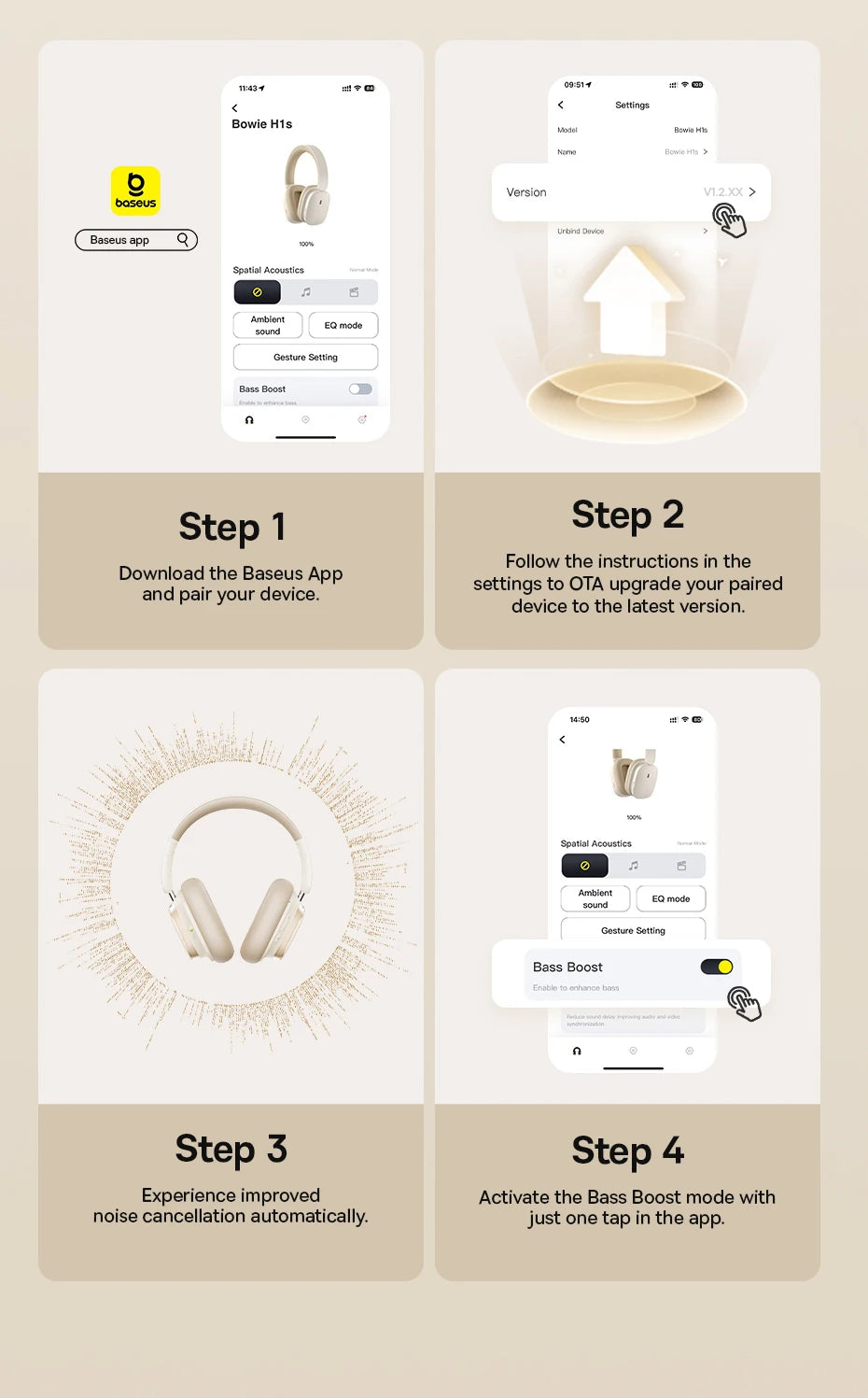 Baseus Bowie H1s Wireless Headphones Bluetooth 5.4 Noise Canceling 46dB Over Ear Headset Hi-Res Spatial Audio Earphone 120H Time - TechSmartX