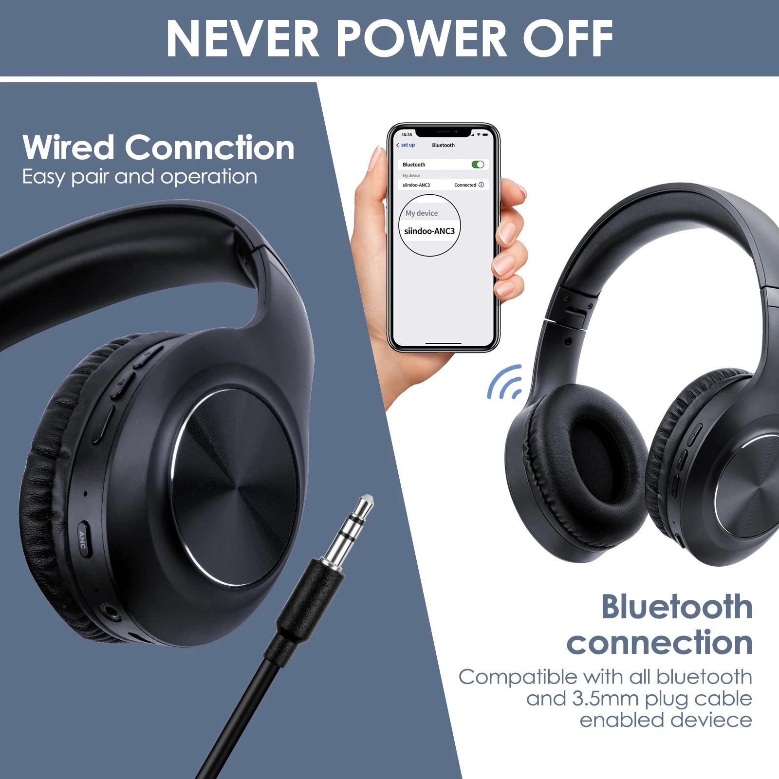 Siindoo JH-ANC923 Active Noise Cancelling Wireless Headset Foldable Over-Ear Bluetooth Headphones With Mic HiFi Stereo Deep Bass - TechSmartX