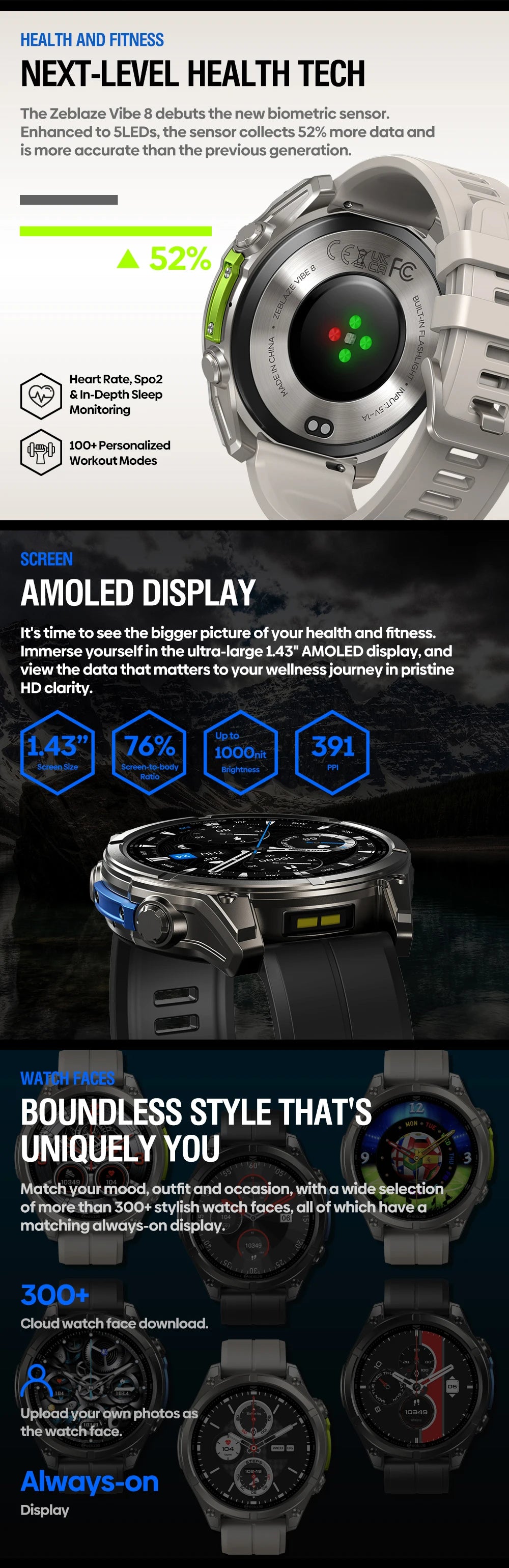 New Zeblaze VIBE 8 AMOLED Display Built-in Flashlight Smartwatch Sapphire Lens Make/Receive Calls HR/BP Monitoring Smart Watch - TechSmartX