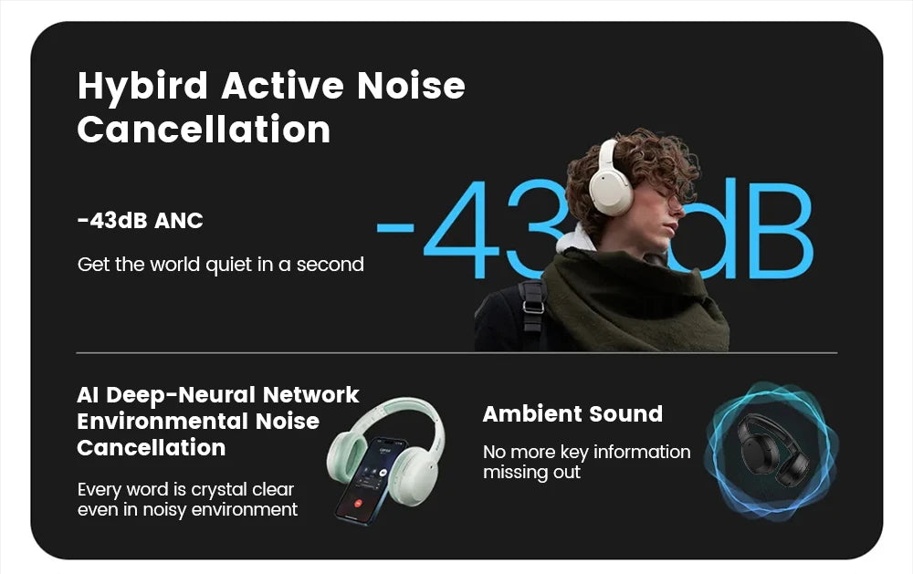 Edifier W820NB Plus Wireless Noise Cancelling Headphones 43dB ANC Hi-Res LDAC Codec 49hrs Playtime Over-Ear Bluetooth Headset - TechSmartX