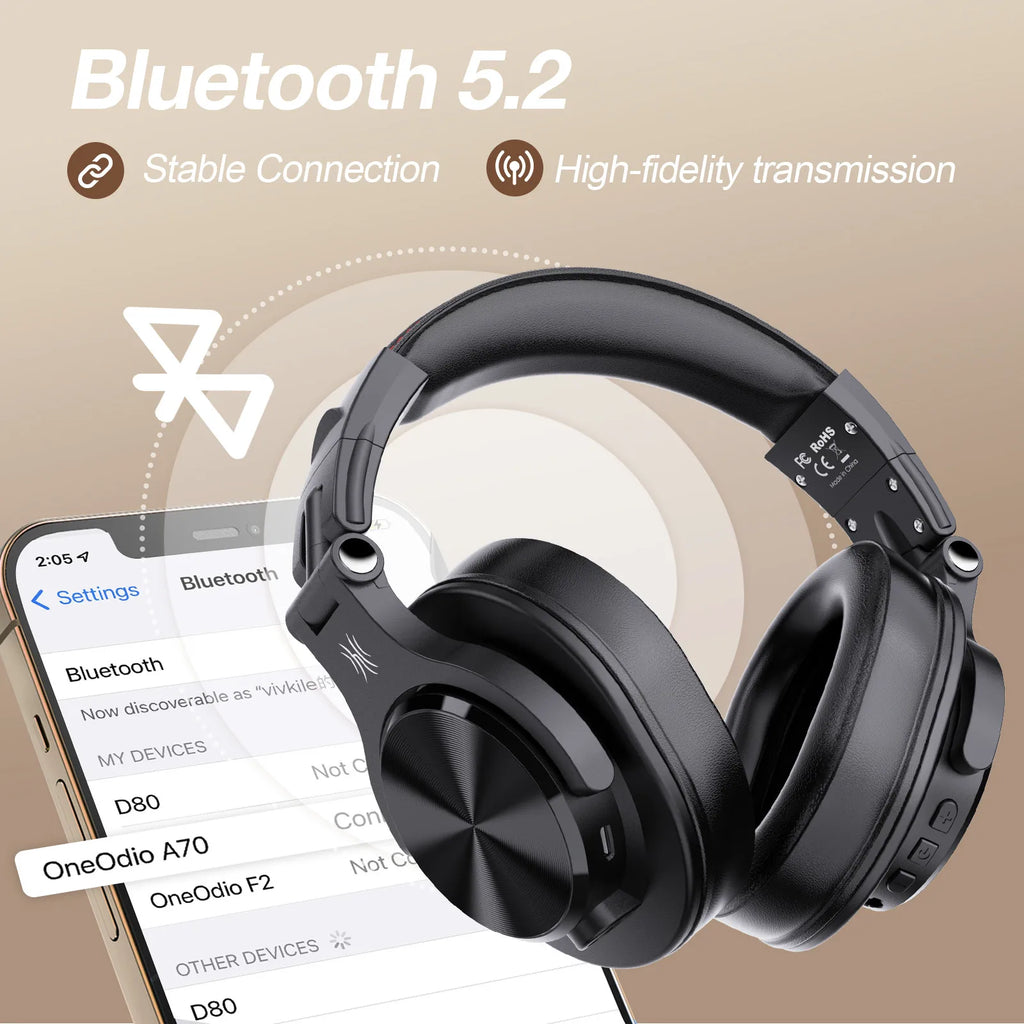 Oneodio Fusion A70 Bluetooth 5.2 Headphones Hi-Res Audio Over Ear Wireless Headset Professional Studio Monitor DJ Headphones 72H - TechSmartX