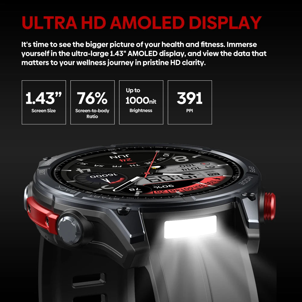 New Ciberer Vertix Stratos 4 GPS Smart Watch 1.43''AMOLED Display Built-in Compass Flashlight 170+ Sports Modes 5 ATM Smartwatch - TechSmartX