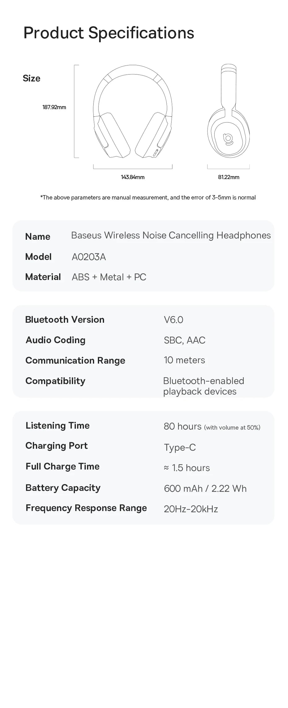 Baseus Bass BH1 Wireless Headphones Bluetooth 6.0 SuperBass 2.0 Over Ear Headset ENC Clear Calls 80hours Playtime Earphones - TechSmartX