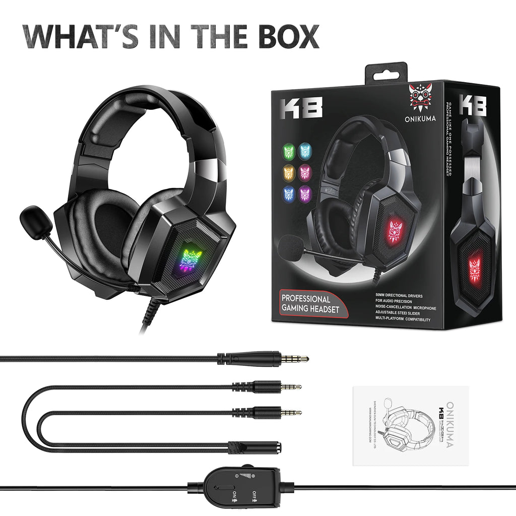 ONIKUMA K8 Gaming Headphones with Flexible HD Mic RGB Light Surround Sound Over-Ear Wired Headset Gamer for PC Gaming Xbox - TechSmartX
