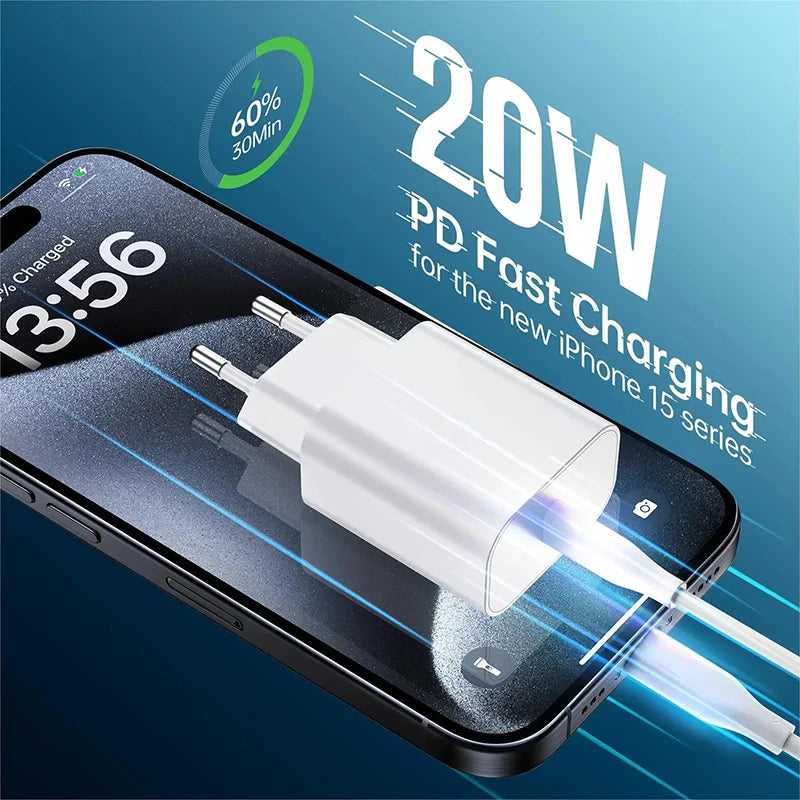 20W USB C Port EU Plug Fast Charger Set For iPhone 14 13 12 11 Pro Max Plus Serives XR Xs 3.3Ft USB C Phone Fast Charging Cable