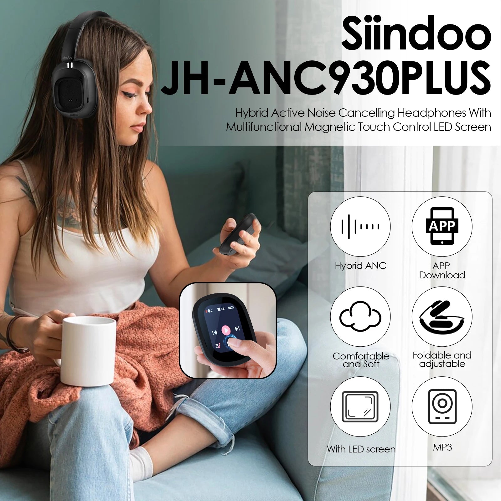 Siindoo NEWEST ANC930Plus Hybrid ANC Wireless Headphone, With Multi Magnetic Touch Control LED Screen AND APP Download 1GB MP3 - TechSmartX