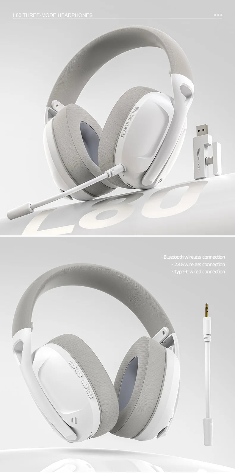 SmailWolf-L80 Bluetooth wireless three-mode headphones headset lightweight headset 2.4G gaming headsets sports bass - TechSmartX