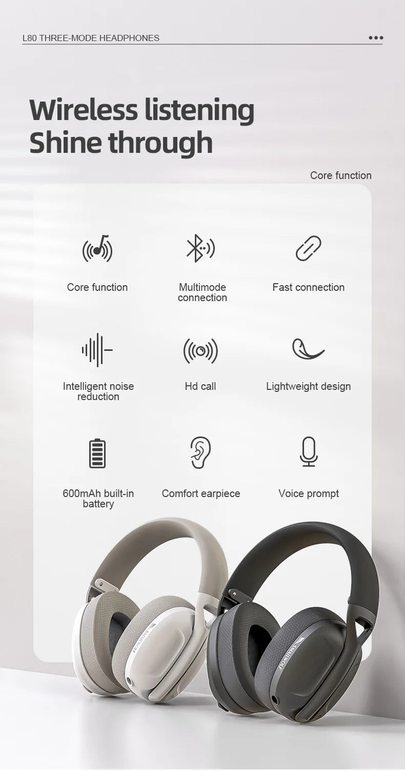 SmailWolf-L80 Bluetooth wireless three-mode headphones headset lightweight headset 2.4G gaming headsets sports bass - TechSmartX