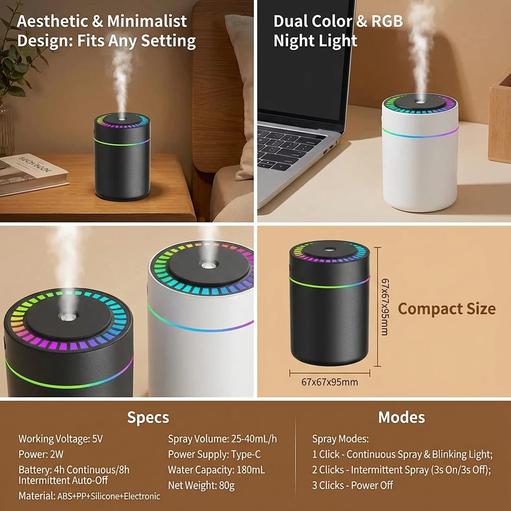180ML Mini Air Humidifier USB Electric Aroma Diffuser Essential Oil Purifier Aromatherapy Mist Maker Lights For Car Home Bedroom - TechSmartX