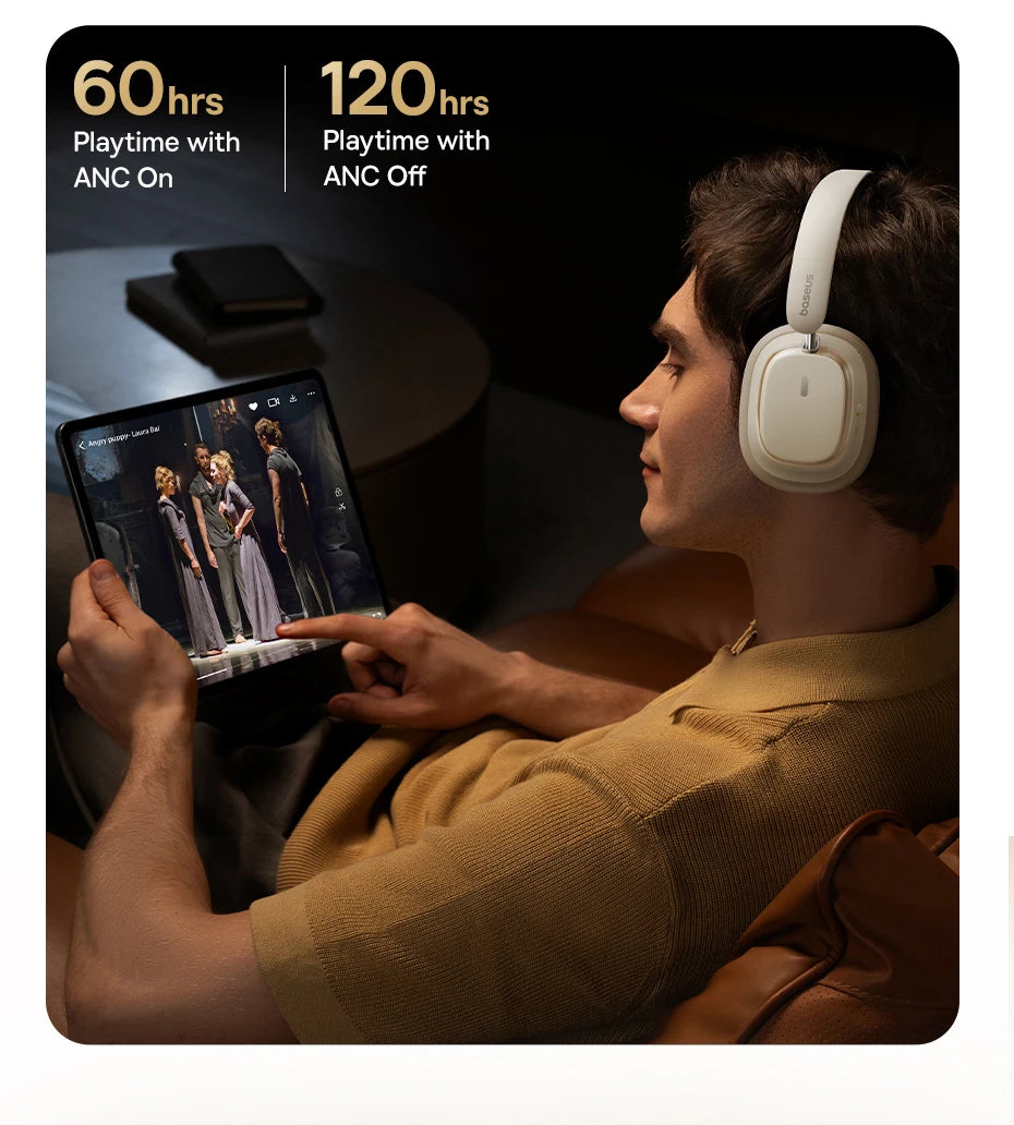 Baseus Bowie H1s Wireless Headphones Bluetooth 5.4 Noise Canceling 46dB Over Ear Headset Hi-Res Spatial Audio Earphone 120H Time - TechSmartX