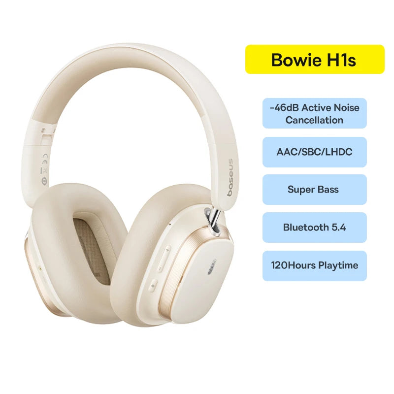 Baseus Bowie H1s Wireless Headphones Bluetooth 5.4 Noise Canceling 46dB Over Ear Headset Hi-Res Spatial Audio Earphone 120H Time - TechSmartX