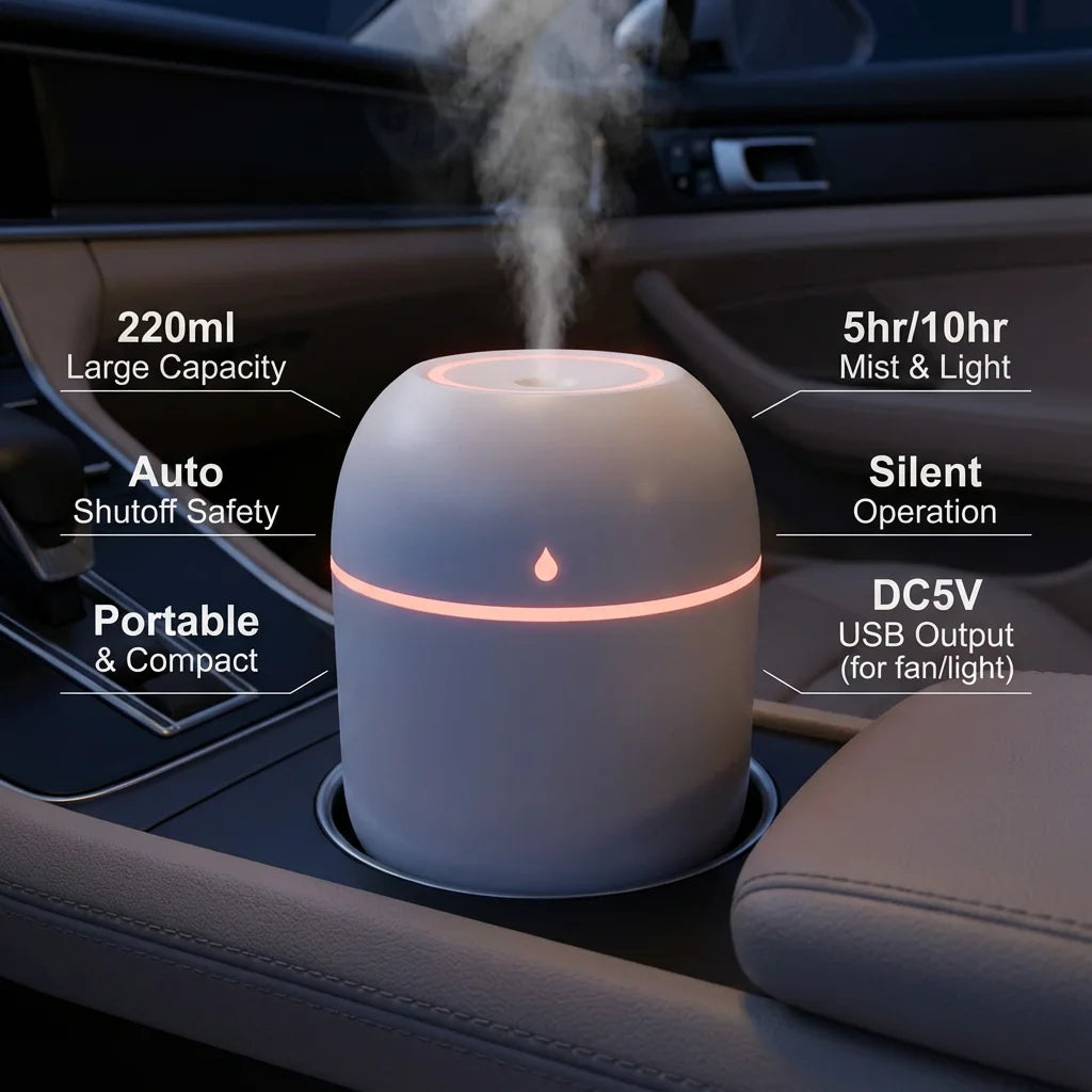 Portable USB Ultrasonic Air Mini Humidifier Essential Oil Diffuser Car Purifier Aroma Anion Mist Maker with LED Lamp Lighting - TechSmartX