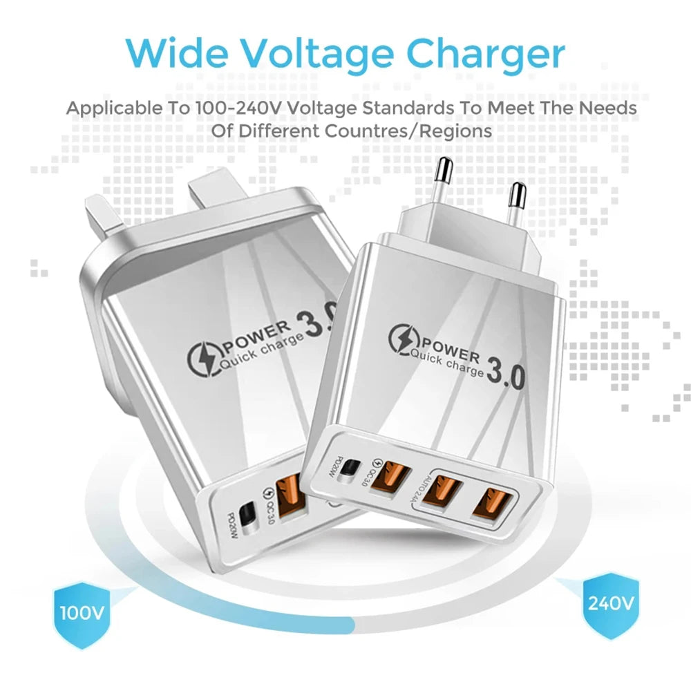 48W USB QC 3.0 Charger Type C PD Fast Charge For iPhone 12 13 Max Samsung S21 Huawei Xiaomi Mobile Phone EU/US Plug Wall Charger