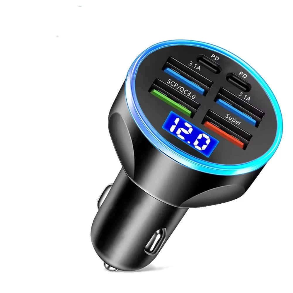 100W 6 Ports Car charger Fast charging PD Qc3.0 USB C Car Phone charger Type C Adapter in Car For iPhone Samsung Huawei Xiaomi