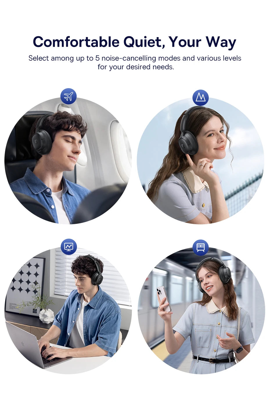 Baseus Bowie H1s Wireless Headphones Bluetooth 5.4 Noise Canceling 46dB Over Ear Headset Hi-Res Spatial Audio Earphone 120H Time - TechSmartX