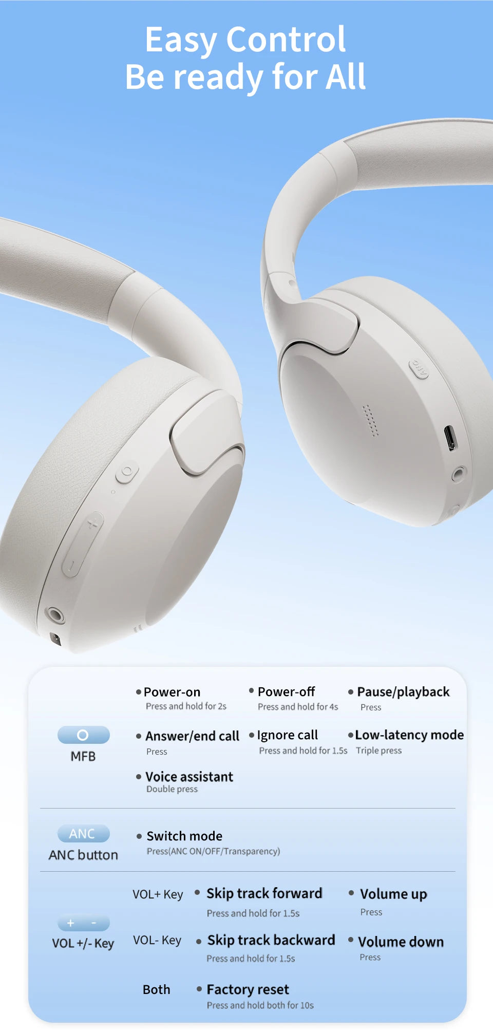 QCY H3 Lite ANC Wireless/Wired Headphones Bluetooth 5.3 Foldable Over Ear Headset HIFI Sound 60H Playtime Earphones Dual Connect - TechSmartX