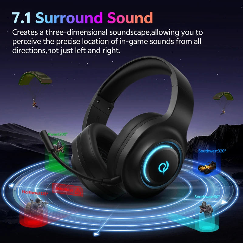 QCY Heroad V200 Gaming Over Ear Headphone Wireless Bluetooth 6.0 with Mic 50mm Driver 7.1 Surround Sound Dynamic EQ RGB Headset - TechSmartX