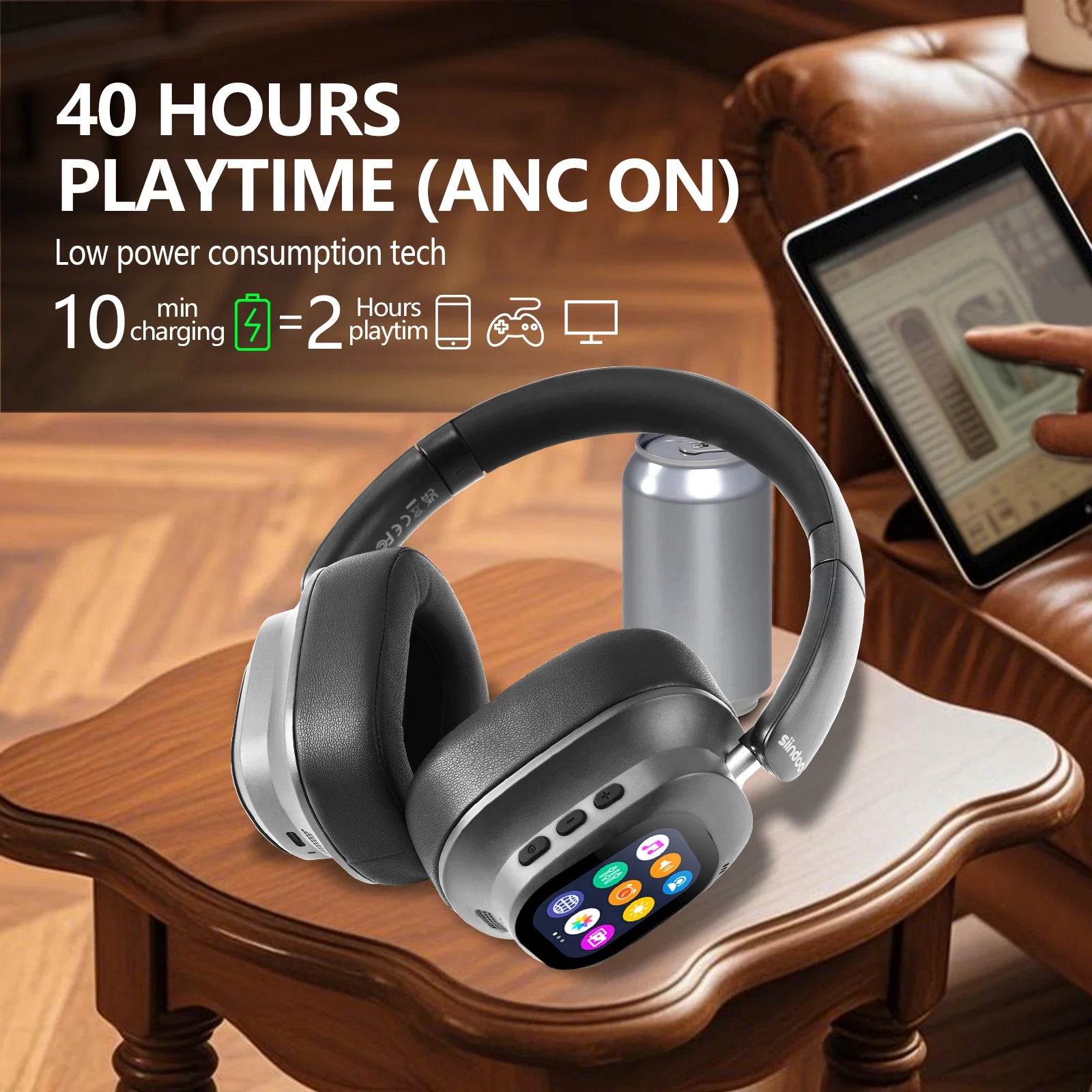 Siindoo Hybrid Active Noise Cancelling Headphones JH-ANC930Plus Wireless gunmetal With Multi Magnetic Touch Control LED Screen - TechSmartX