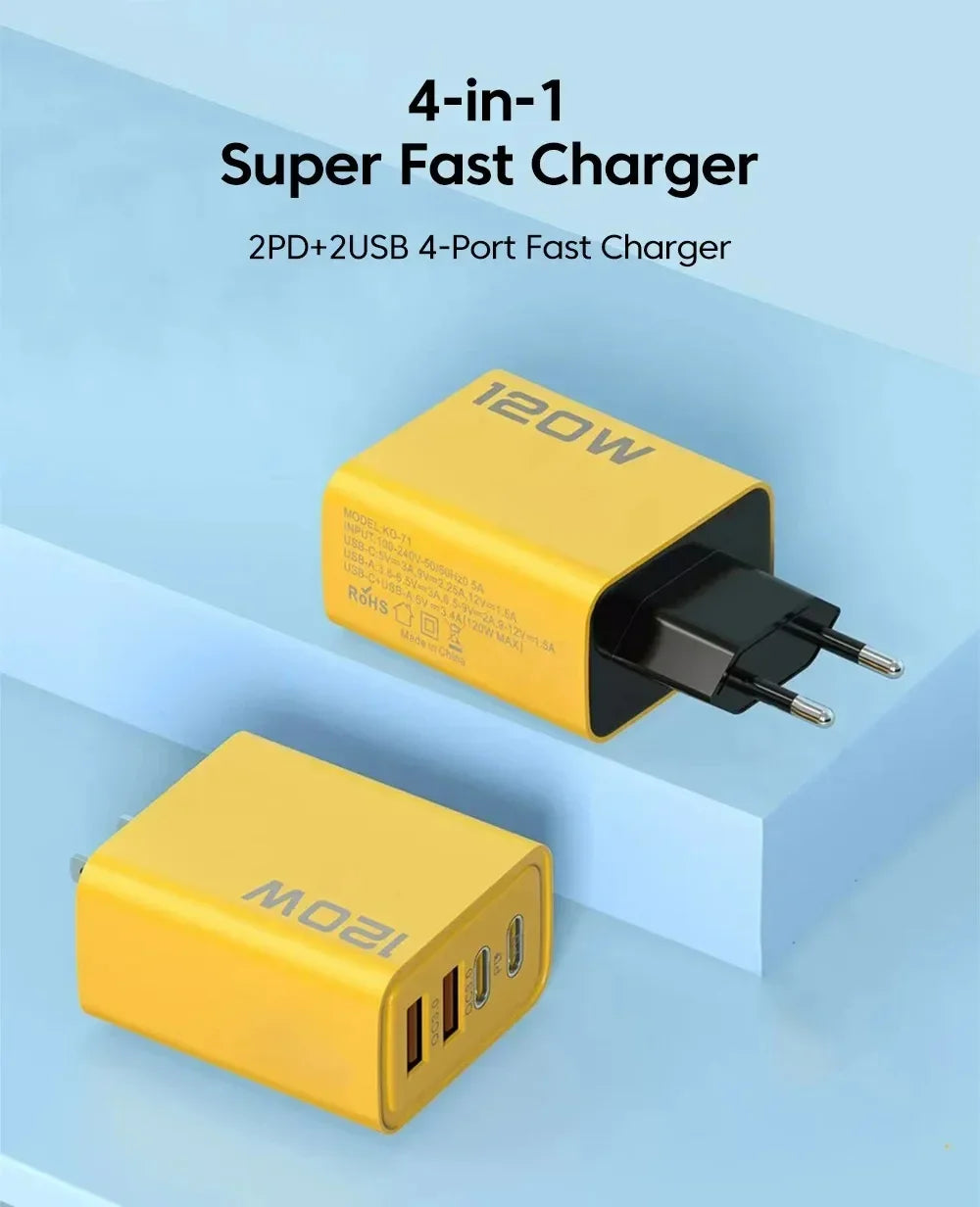 Quick Charge 3.0 Fast Charger Muti Total 120W 4 Port USB Type C PD Mobile Phone Wall Adapter for iPhone 16 Samsung S24 Xiaomi 15
