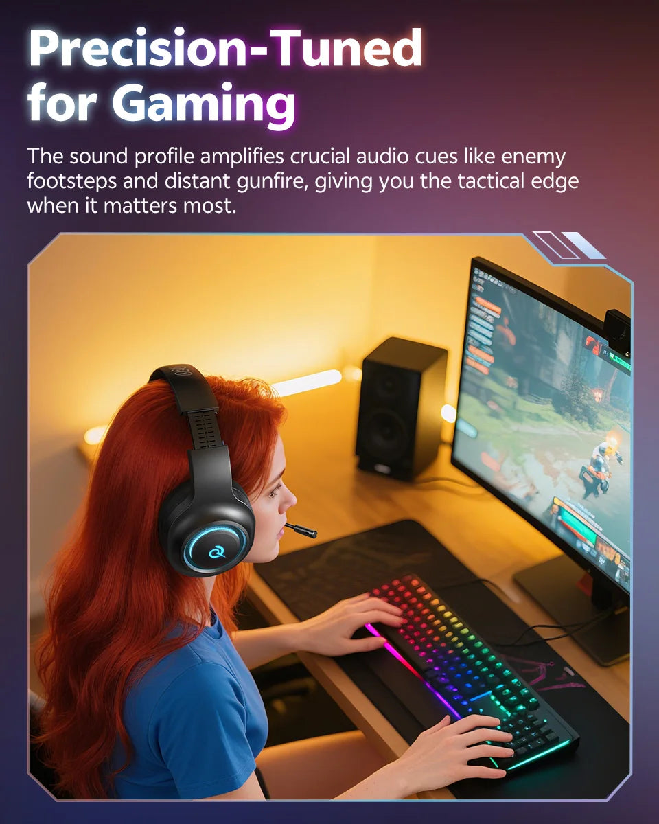 QCY Heroad V200 Gaming Over Ear Headphone Wireless Bluetooth 6.0 with Mic 50mm Driver 7.1 Surround Sound Dynamic EQ RGB Headset - TechSmartX