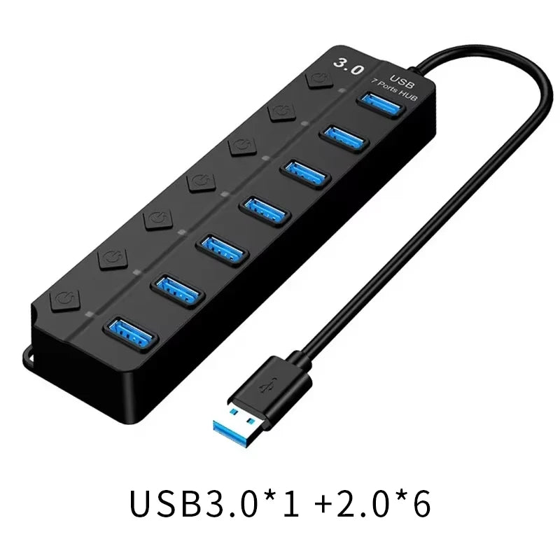 USB3.0 HUB 4in1 7in1USB Splitter 2.0 USB Adapter Multi-Port Independent Power Switch Extender 30CM Cable - TechSmartX