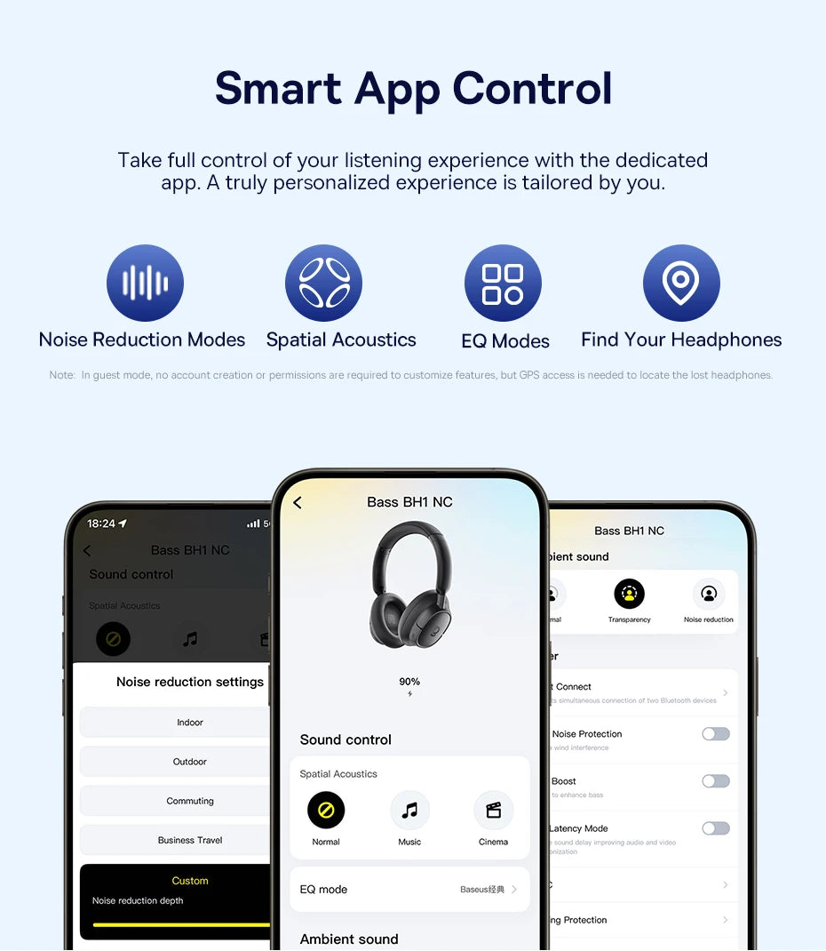 Baseus Bowie H1s Wireless Headphones Bluetooth 5.4 Noise Canceling 46dB Over Ear Headset Hi-Res Spatial Audio Earphone 120H Time - TechSmartX