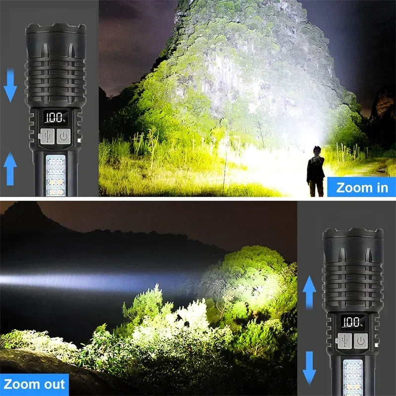High Power LED Flashlight Portable Zoom Torch Type-C Rechargeable Waterproof Light with COB Side Lamp for Outdoor Camping Hiking - TechSmartX