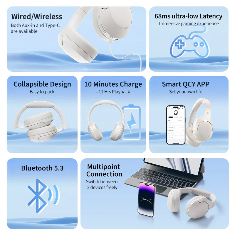 QCY H3 Lite ANC Wireless/Wired Headphones Bluetooth 5.3 Foldable Over Ear Headset HIFI Sound 60H Playtime Earphones Dual Connect - TechSmartX