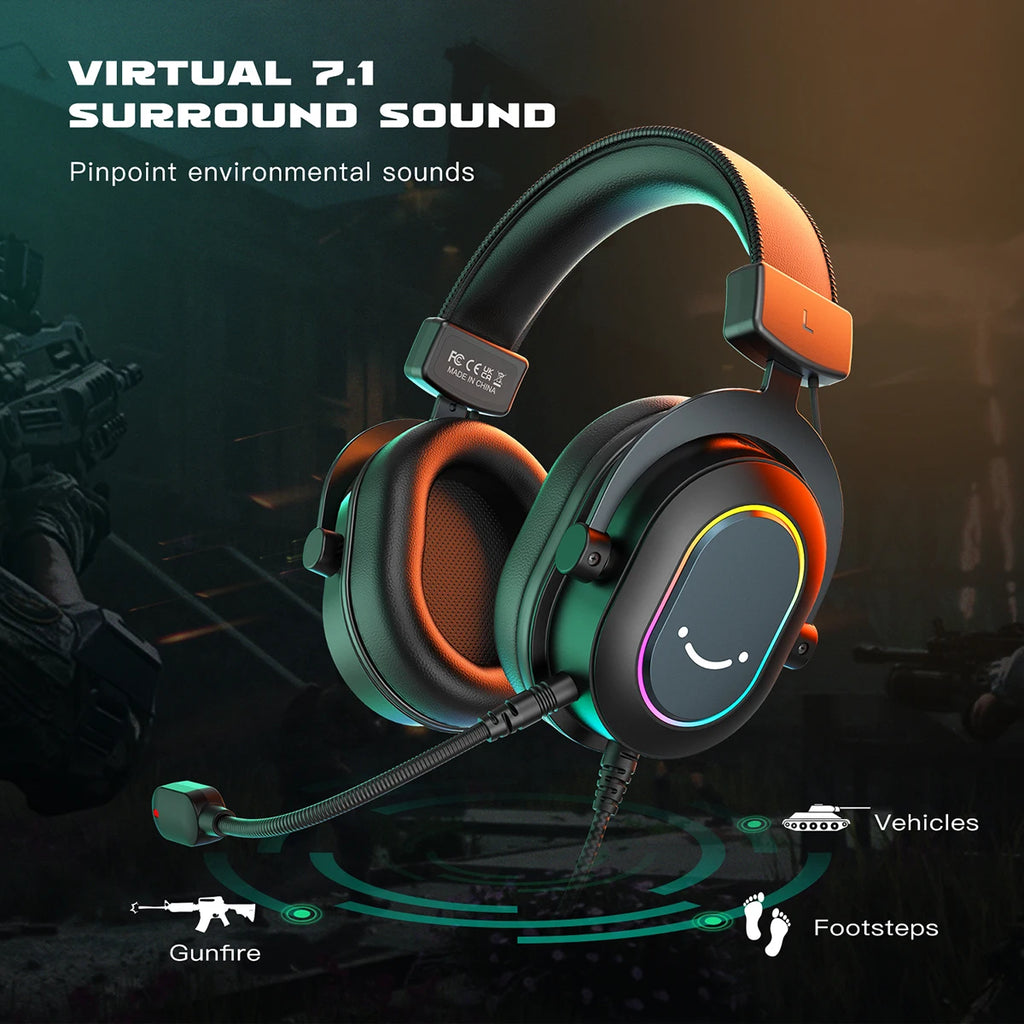 Fifine Dynamic RGB Gaming Headset with Mic Over-Ear Headphones 7.1 Surround Sound PC PS4 PS5 3 EQ Options Game Movie Music - TechSmartX