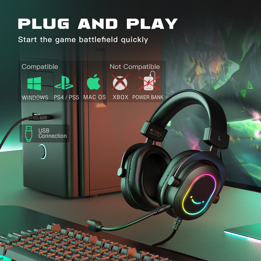 Fifine Dynamic RGB Gaming Headset with Mic Over-Ear Headphones 7.1 Surround Sound PC PS4 PS5 3 EQ Options Game Movie Music - TechSmartX