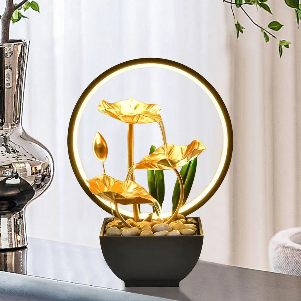 3-Tier Lotus Leaf Flowing Water Fountain with Natural Rocks & LED Ring Light Small Waterfall Fountain Metal Home Desk Decoration - TechSmartX