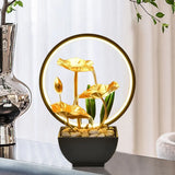 3-Tier Lotus Leaf Flowing Water Fountain with Natural Rocks & LED Ring Light Small Waterfall Fountain Metal Home Desk Decoration - TechSmartX