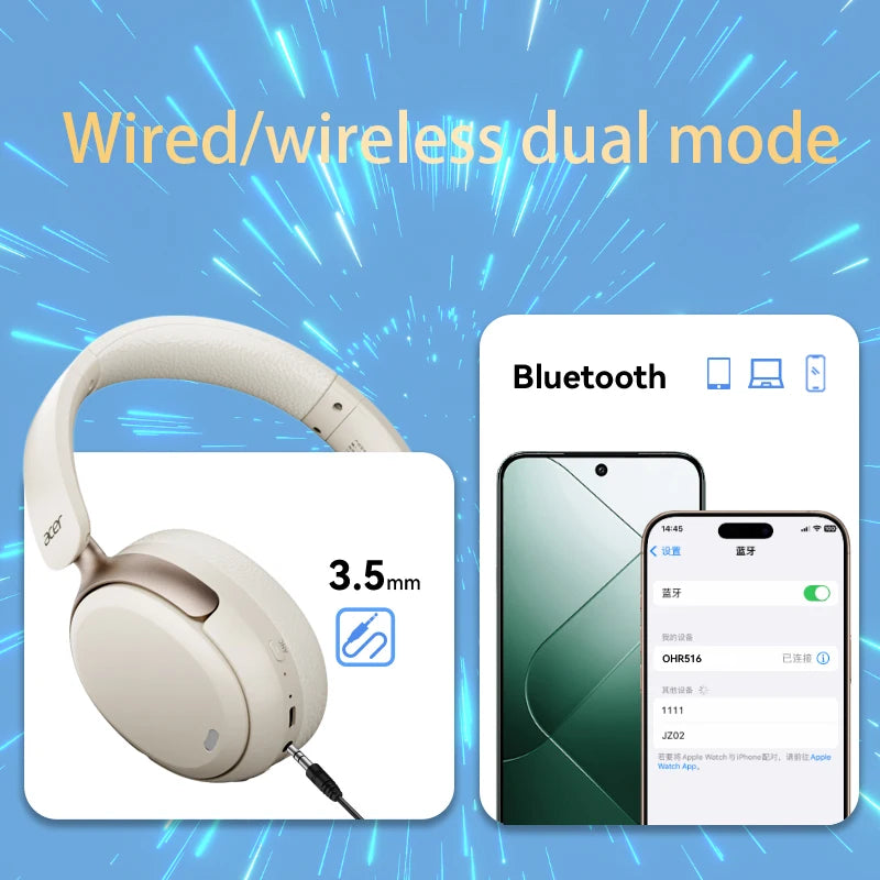 Acer OHR516 ANC Wireless Headphone 48dB Noise Canceling Hi-Res Spatial Audio Earphone with LDAC Bluetooth 5.4 Over Ear Headset - TechSmartX