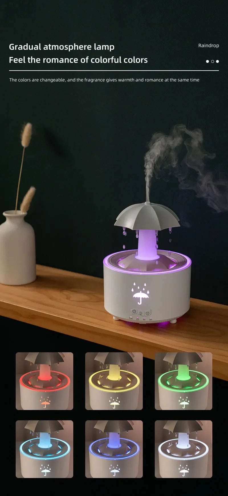 Rainbow Raindrop Aromatherapy Machine Rotating Water Drop Humidifier 7-Color Lamp Creative Umbrella Essential Oil Diffuser - TechSmartX