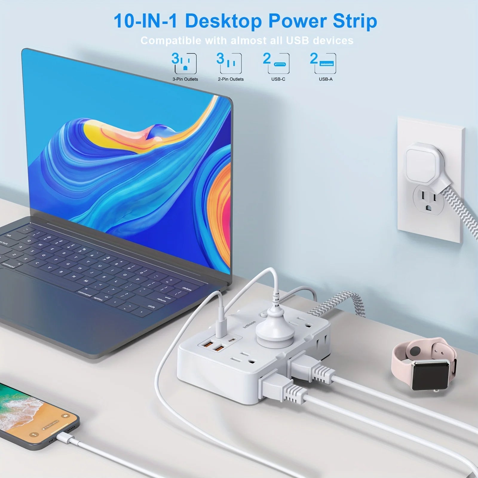 US Plug AC Outlet Multiprise Power Strip Braided Extension Cord Smart Home Electrical Socket Network Filter USB Type-C Charging - TechSmartX