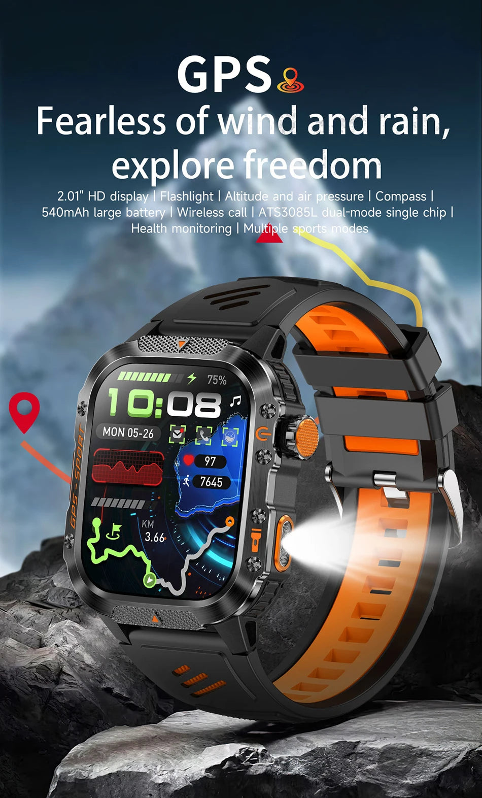 2025 New Military Outdoor Smart Watch Men's GPS Flashlight Bluetooth Call 2.01" AMOLED Screen 3ATM Waterproof Sports Smartwatch - TechSmartX