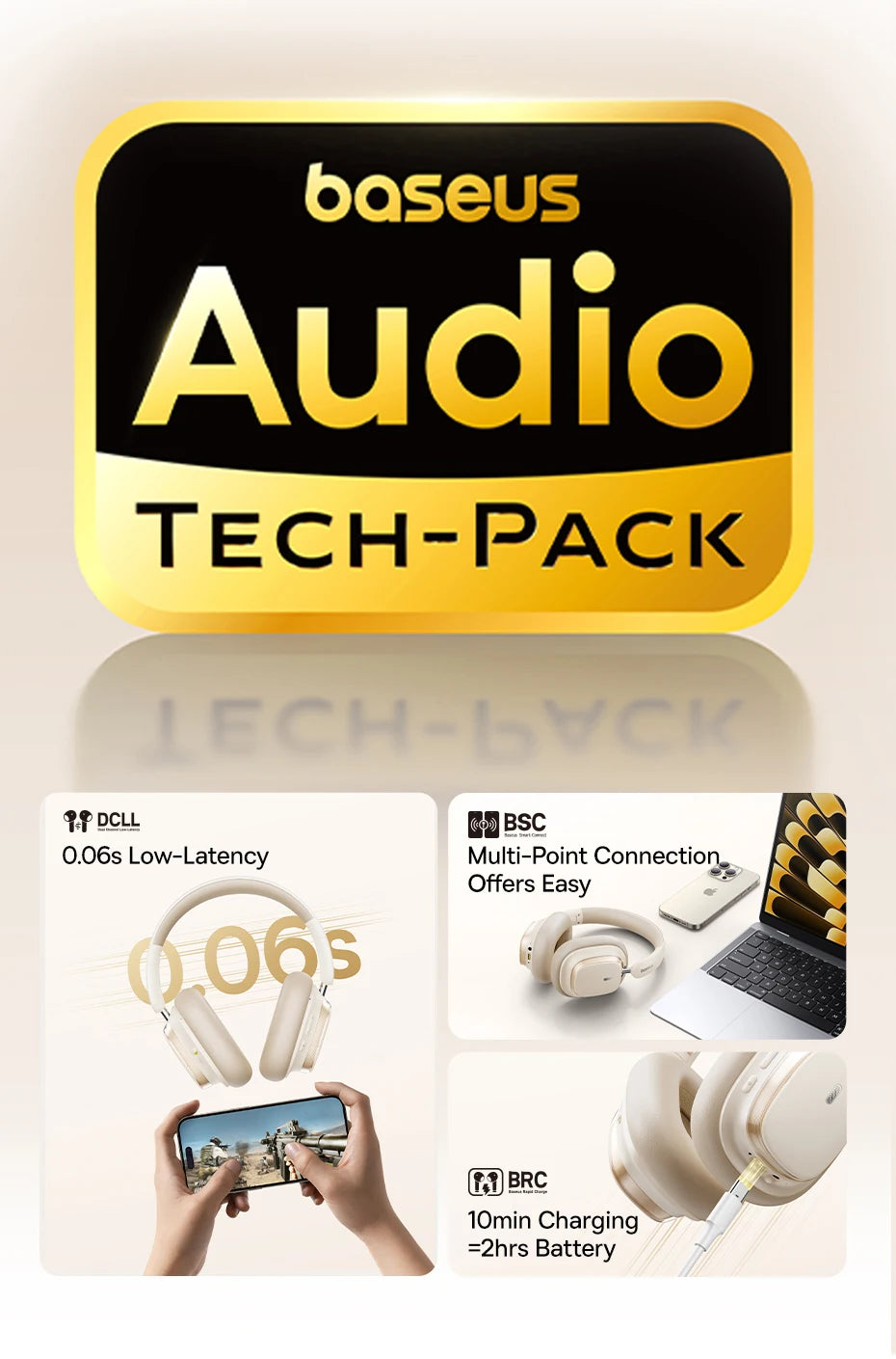 Baseus Bowie H1s Wireless Headphones Bluetooth 5.4 Noise Canceling 46dB Over Ear Headset Hi-Res Spatial Audio Earphone 120H Time - TechSmartX