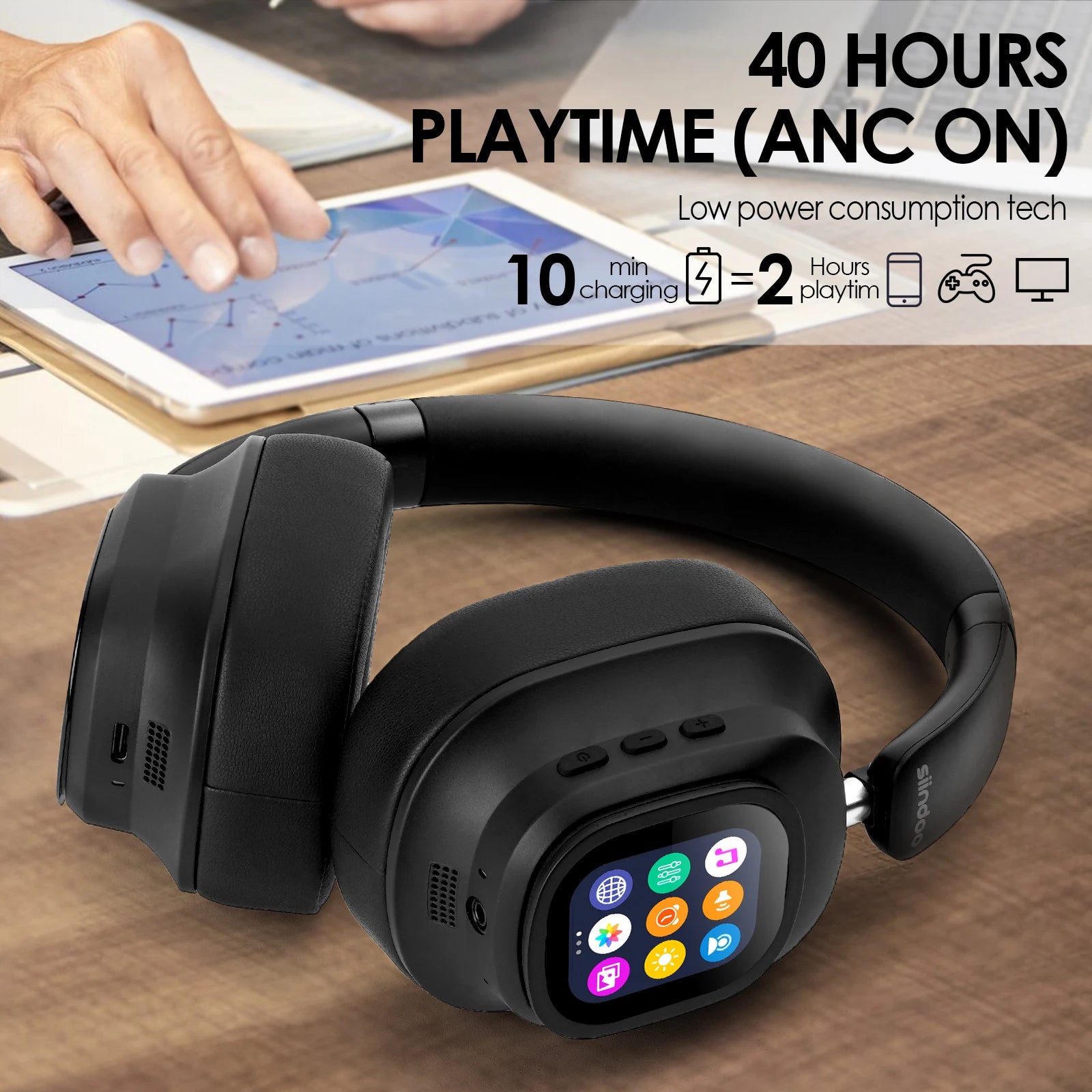 Siindoo NEWEST ANC930Plus Hybrid ANC Wireless Headphone, With Multi Magnetic Touch Control LED Screen AND APP Download 1GB MP3 - TechSmartX