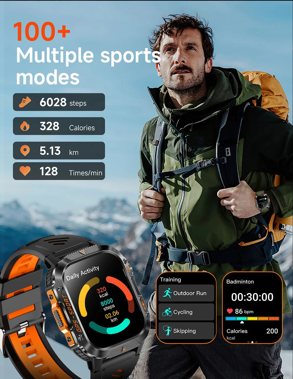 2025 New Military Outdoor Smart Watch Men's GPS Flashlight Bluetooth Call 2.01" AMOLED Screen 3ATM Waterproof Sports Smartwatch - TechSmartX