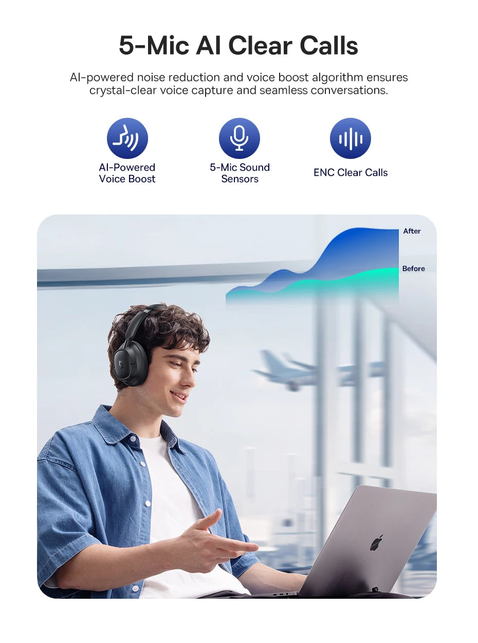 Baseus Bowie H1s Wireless Headphones Bluetooth 5.4 Noise Canceling 46dB Over Ear Headset Hi-Res Spatial Audio Earphone 120H Time - TechSmartX