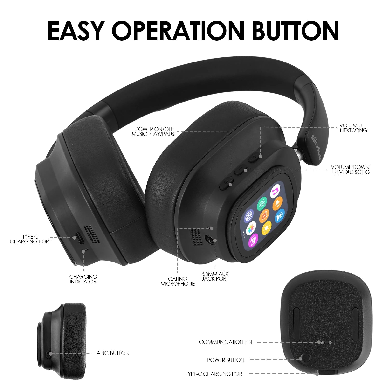 Siindoo NEWEST ANC930Plus Hybrid ANC Wireless Headphone, With Multi Magnetic Touch Control LED Screen AND APP Download 1GB MP3 - TechSmartX