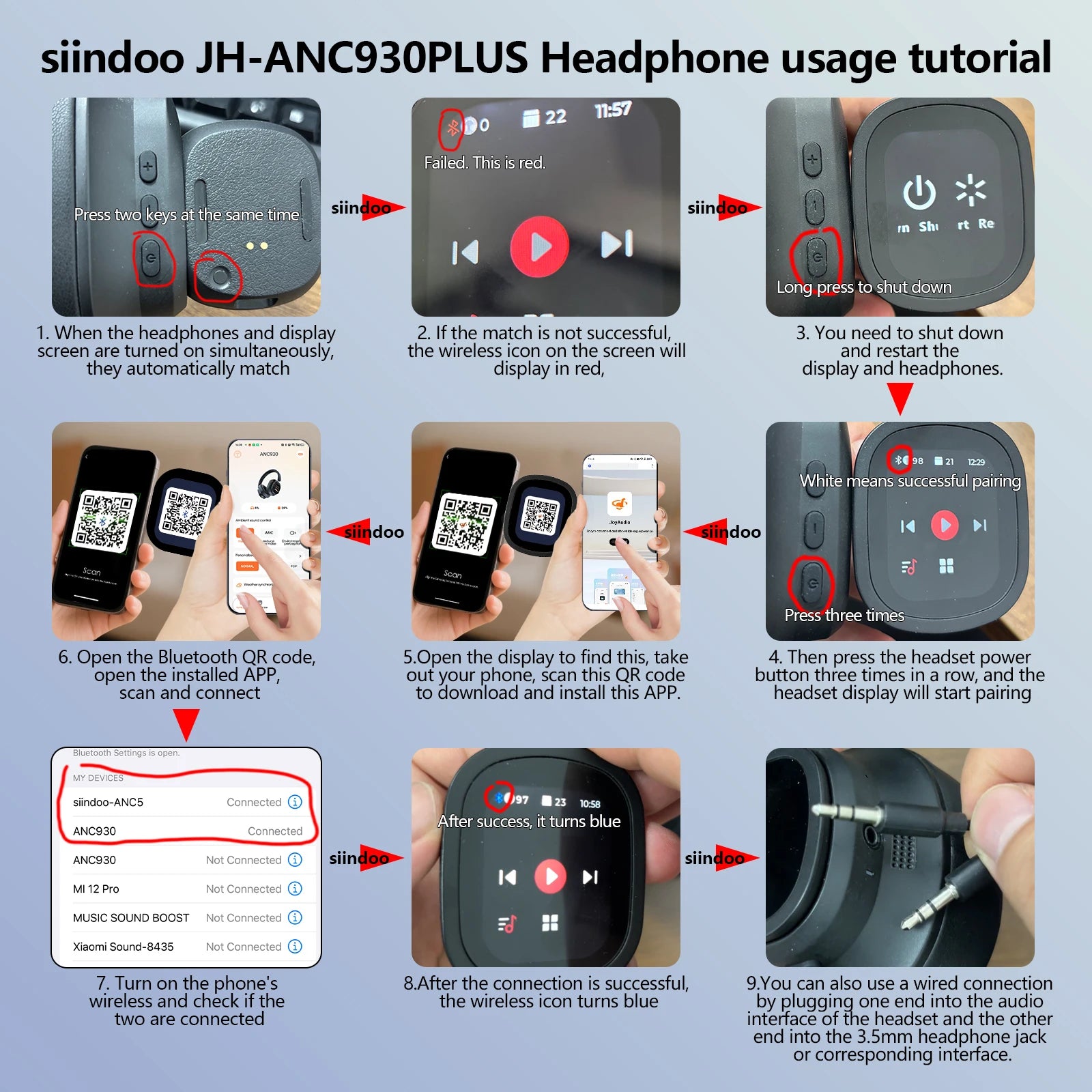 Siindoo Hybrid Active Noise Cancelling Headphones JH-ANC930Plus Wireless gunmetal With Multi Magnetic Touch Control LED Screen - TechSmartX