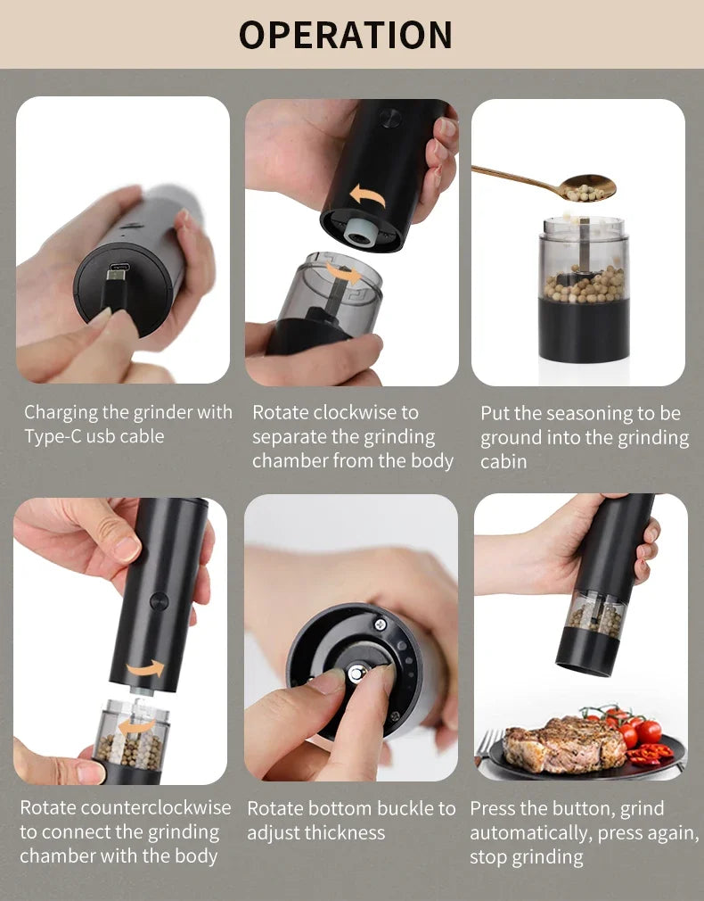 USB Rechargeable Electric Salt and Pepper Grinder Adjustable Coarseness Large Capacity Auto Spices Grinders Kitchen Cooking Tool - TechSmartX