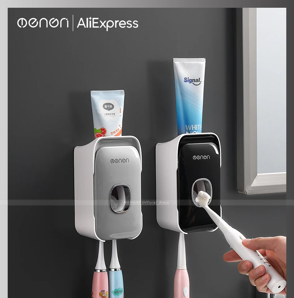 MENGNI Automatic Toothpaste Dispenser Wall-Mounted Bathroom Toothpaste Squeezer Punch-Free Toothbrush Holder Rack Bathroom Acces - TechSmartX