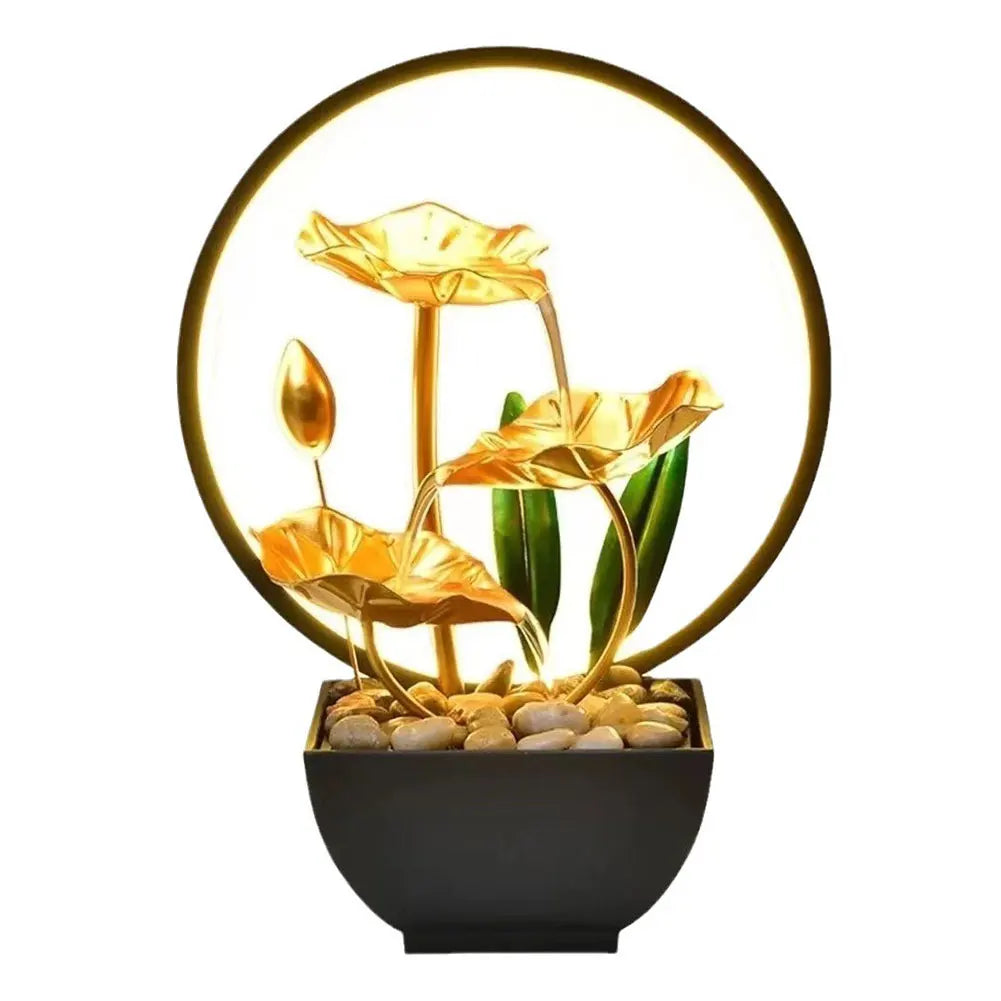 3-Tier Lotus Leaf Flowing Water Fountain with Natural Rocks & LED Ring Light Small Waterfall Fountain Metal Home Desk Decoration - TechSmartX
