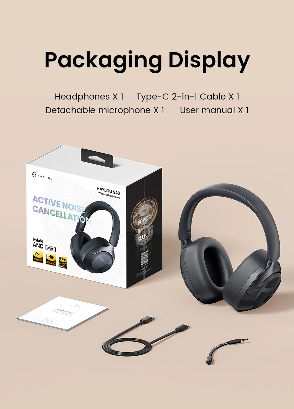 HAYLOU S40 ANC Wireless Headphone 50dB Noise Canceling Hi-Res 3D Spatial Audio Earphone with LDAC Bluetooth 6.0 Over Ear Headset - TechSmartX
